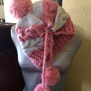 Knit beanie hat in coral and cream gather dingles!